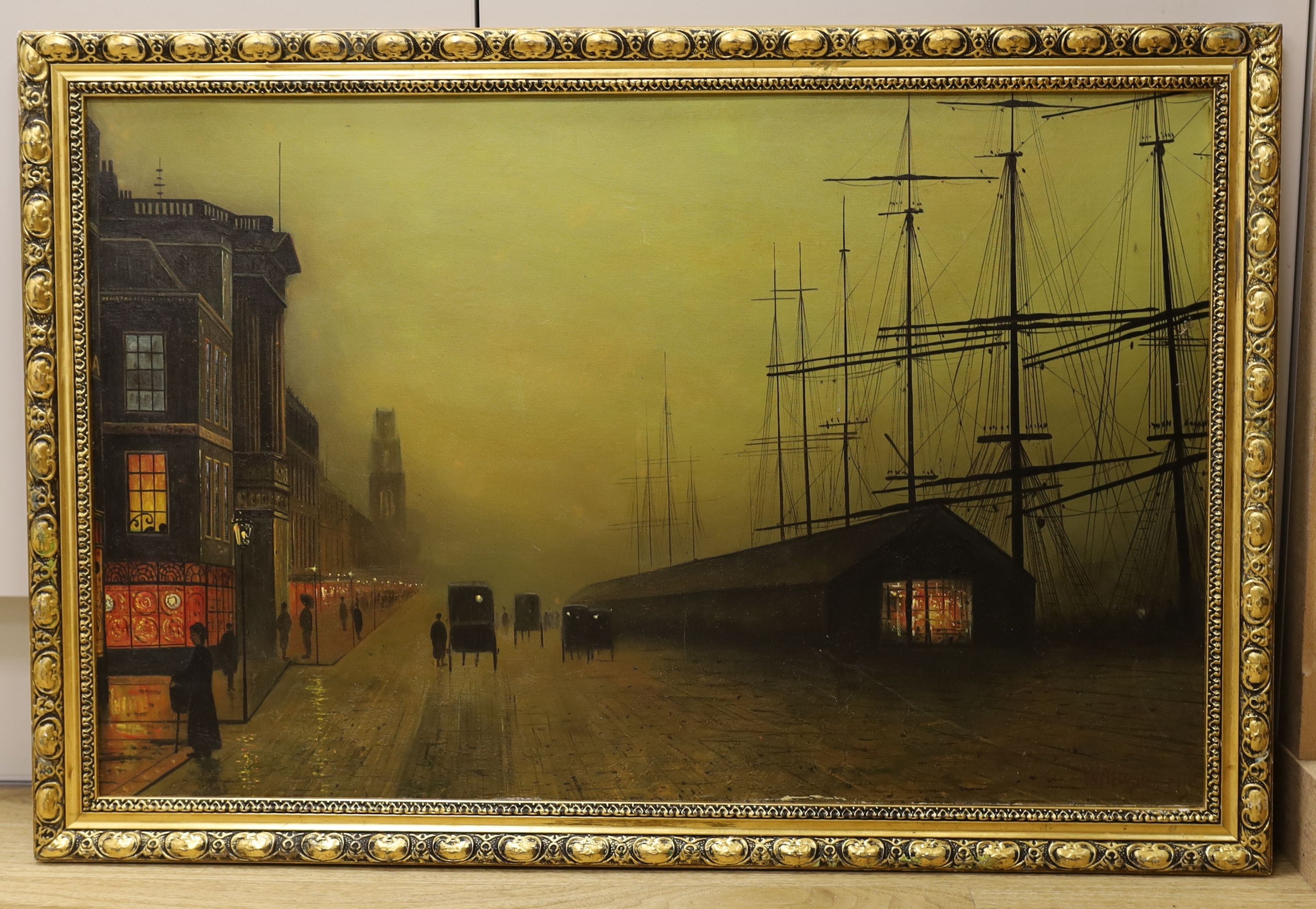 W. Meegan, oil on board, Shops and wharf by night, 43 x 67cm